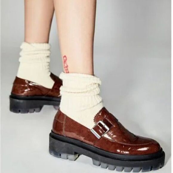 Free People Size 38.5 8.5 Brown Patent Leather Platform Lug Loafers Old Money - Picture 1 of 15